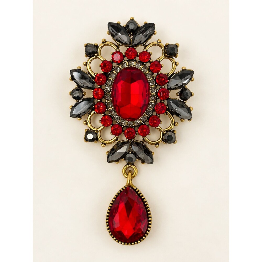 Red Black Rhinestone Brooch Gold Tone Teardrop Dangle Statement Pin Unmarked